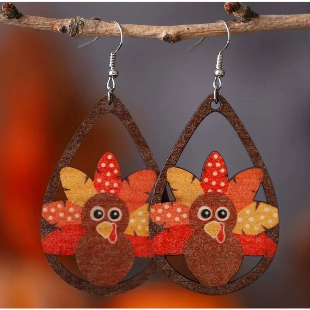 Thanksgiving Turkey Earrings Hollow Water Drop Dangle Wooden Jewelry Female Gift - Picture 2 of 8